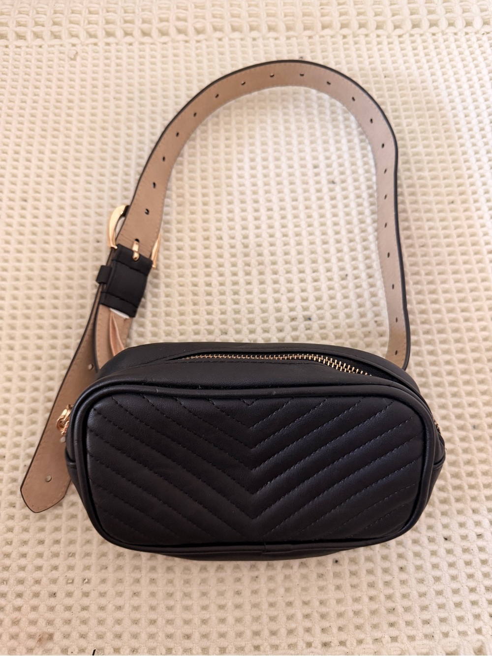 Steve Madden Black Quilted Crossbody Belt Bag with Gold Hardware